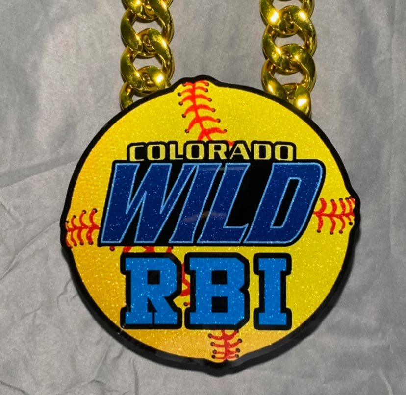 Colorado Wild RBI softball pendant in yellow and blue.
