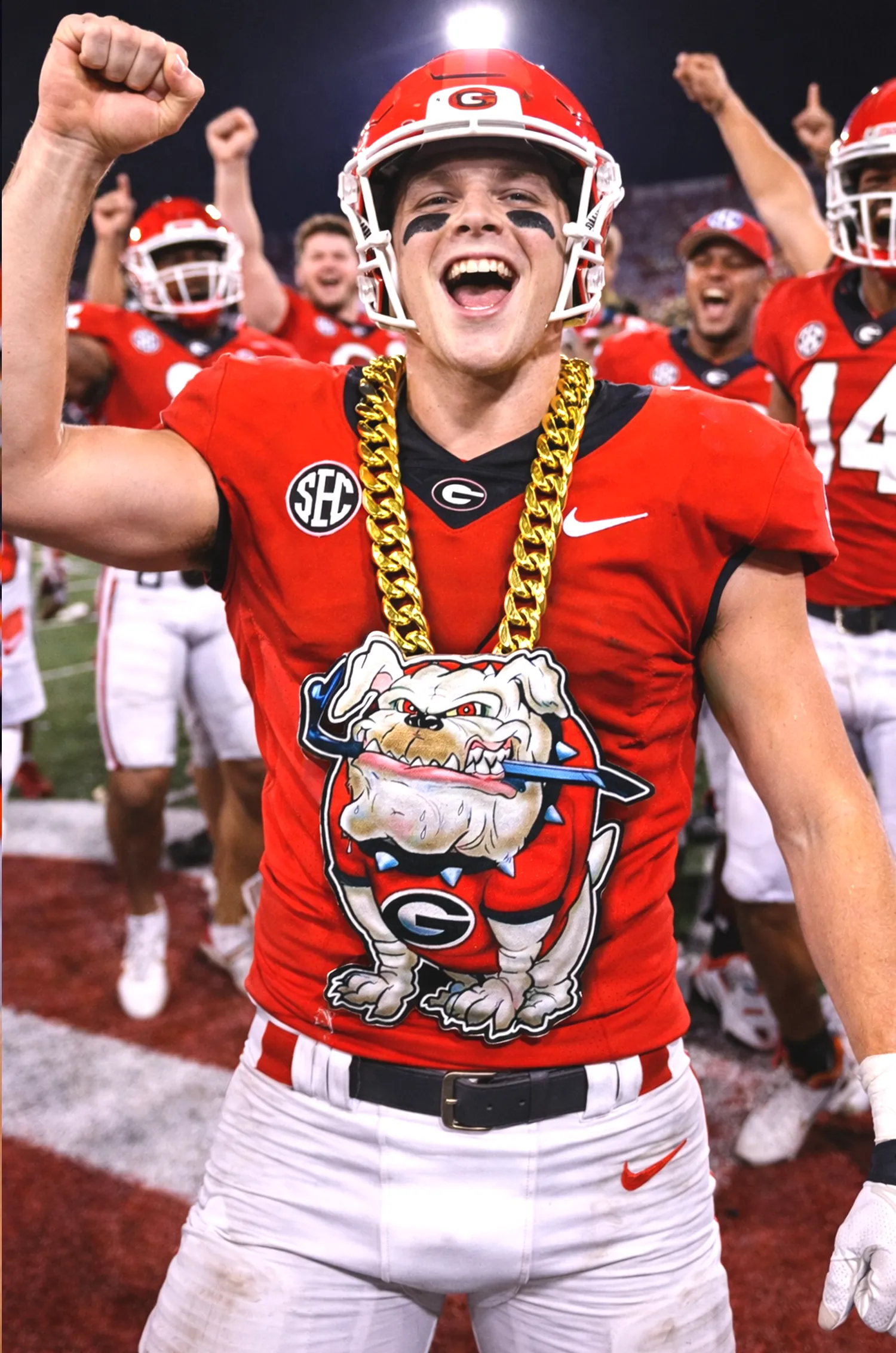 Football player with a bulldog mascot pendant.