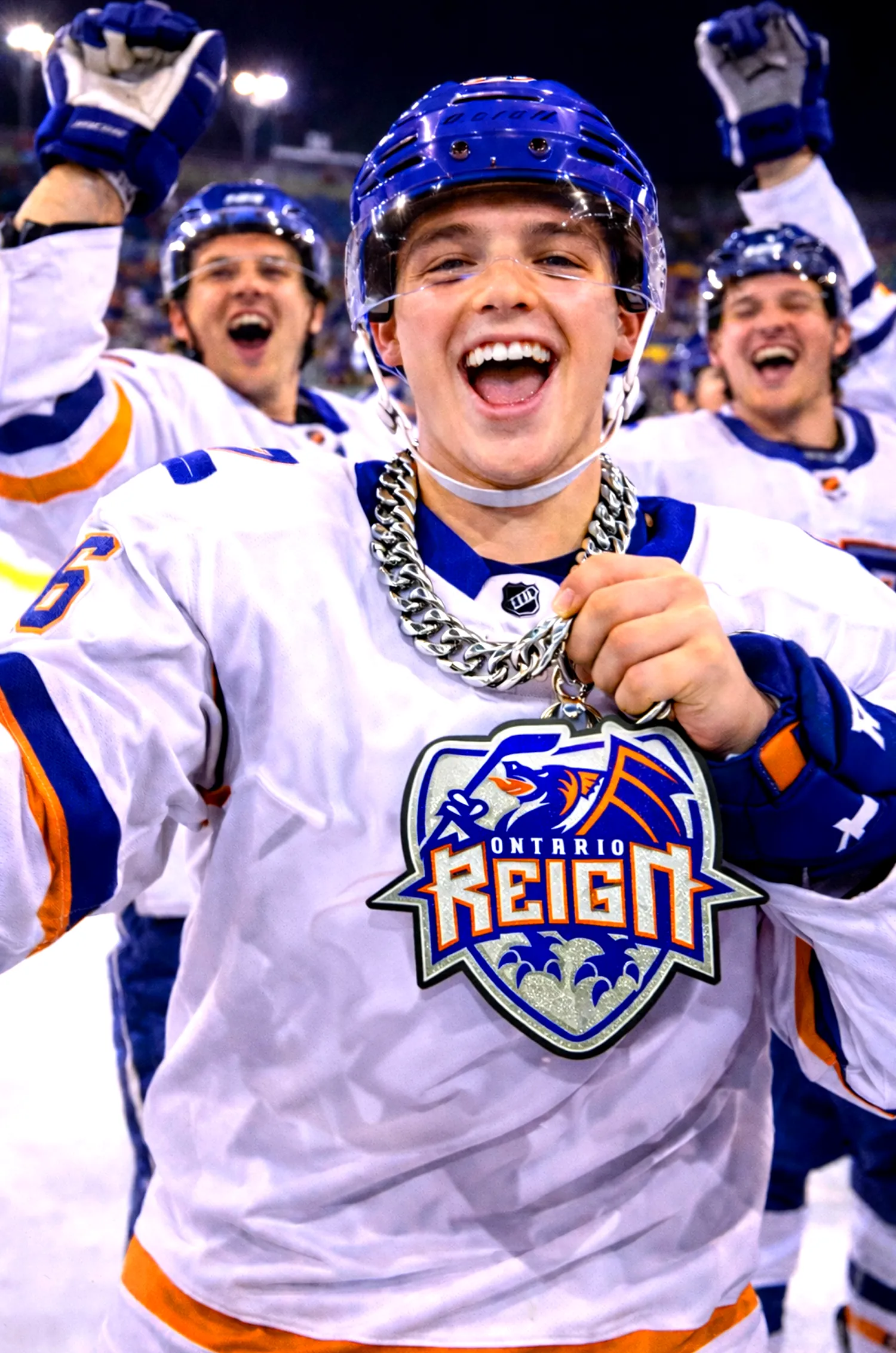 Hockey player wearing a Reign pendant.