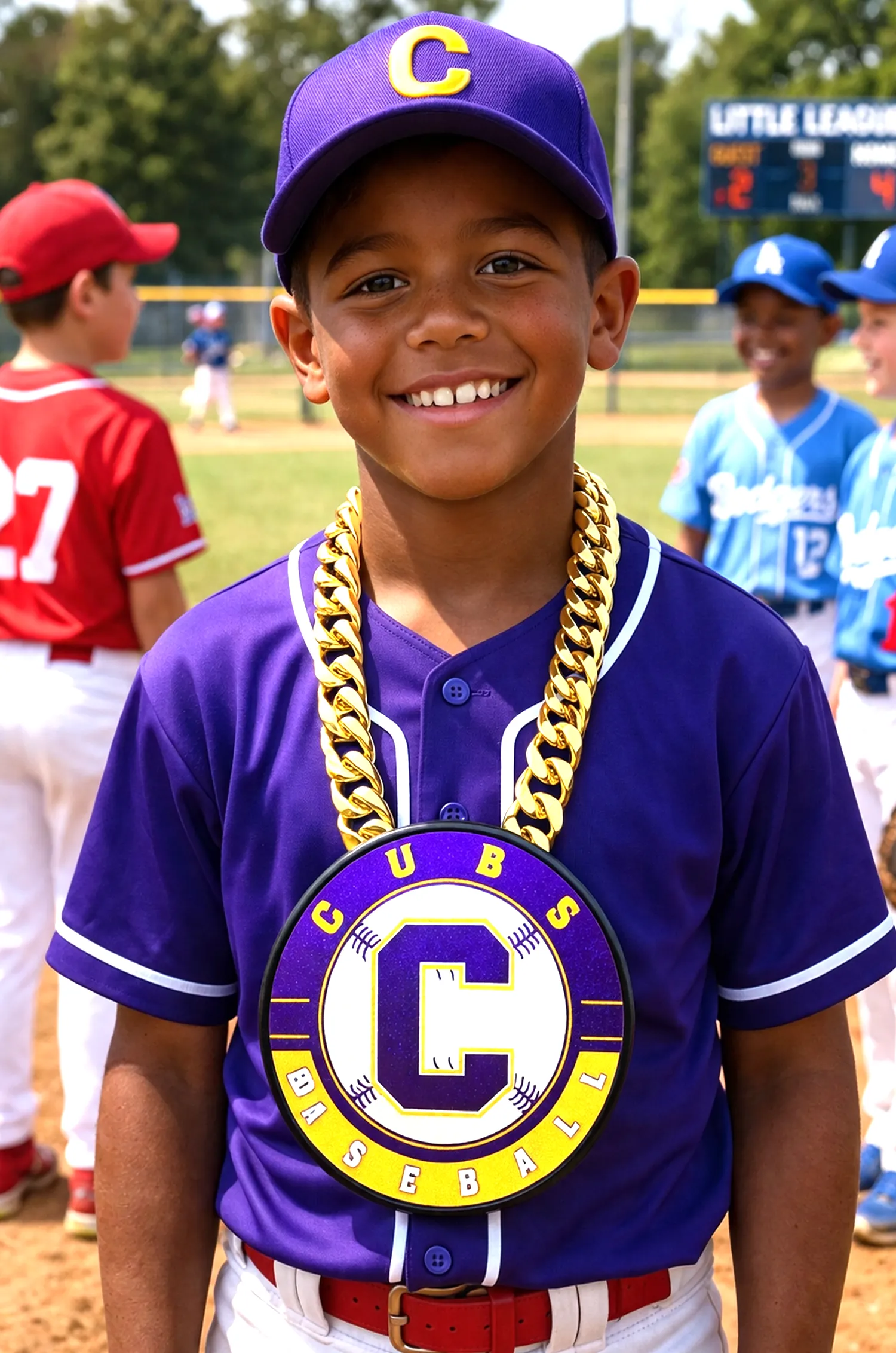 Youth player wearing a Cubs-style team pendant.