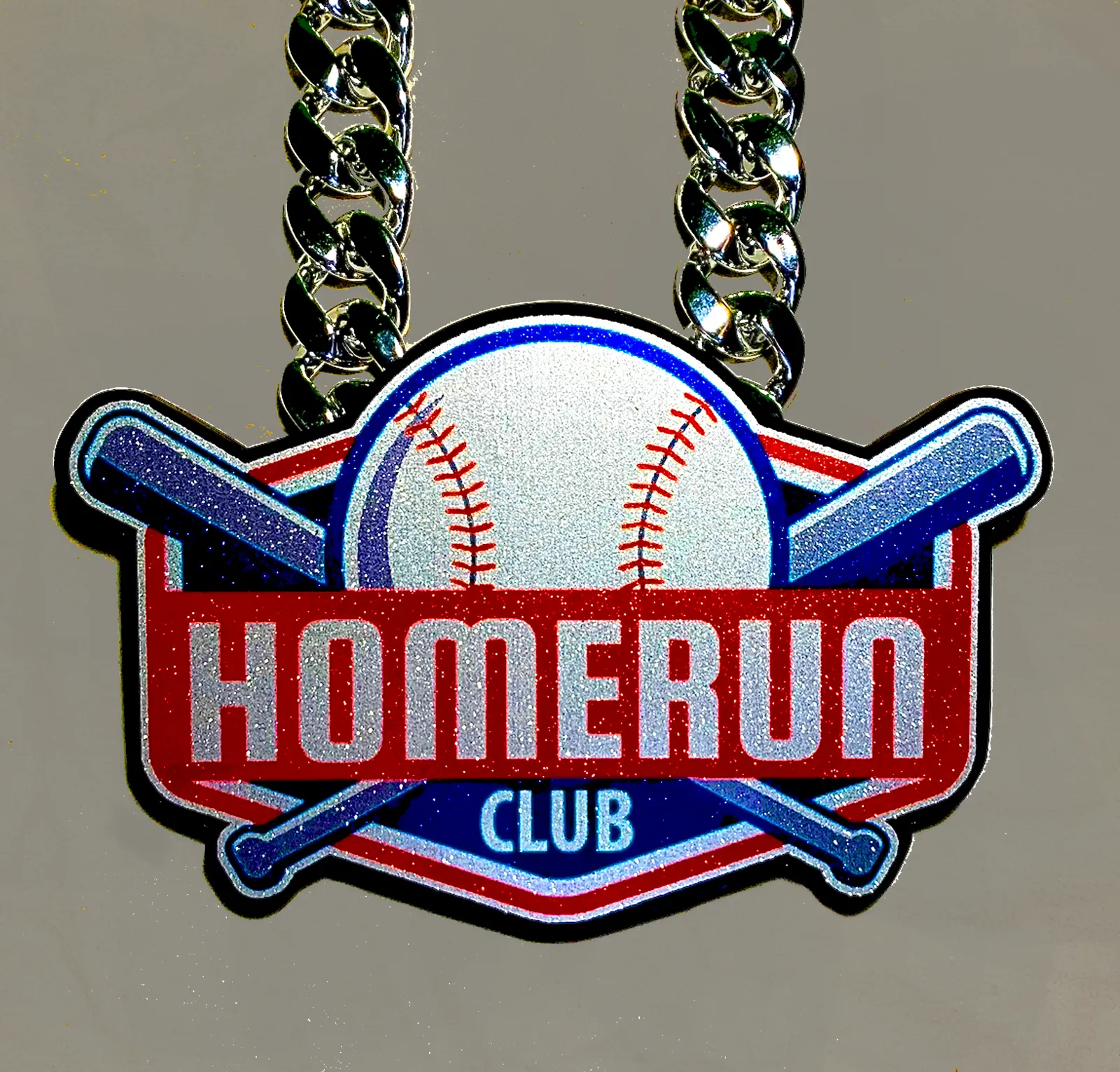 Baseball Home Run Club pendant with crossed bats.