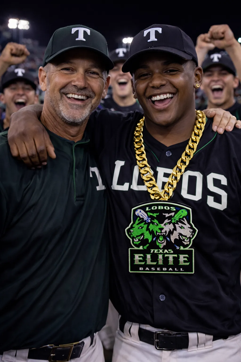Coach and player photo with Lobos Elite chain.