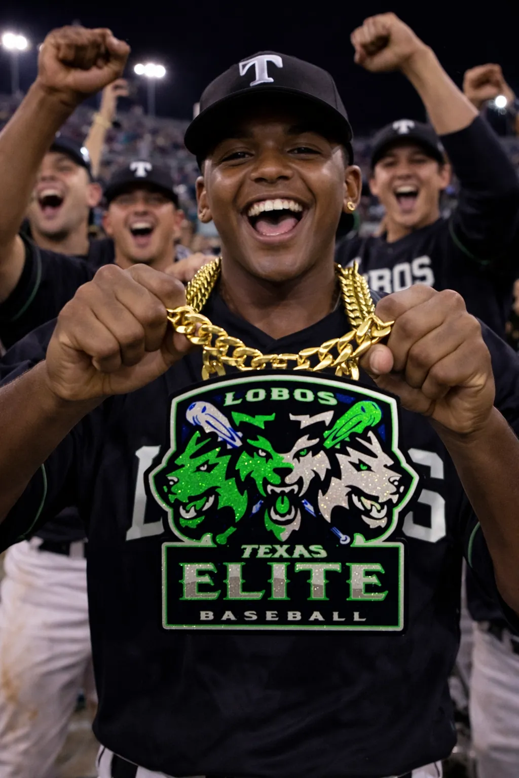 Baseball player wearing a Lobos Elite pendant.