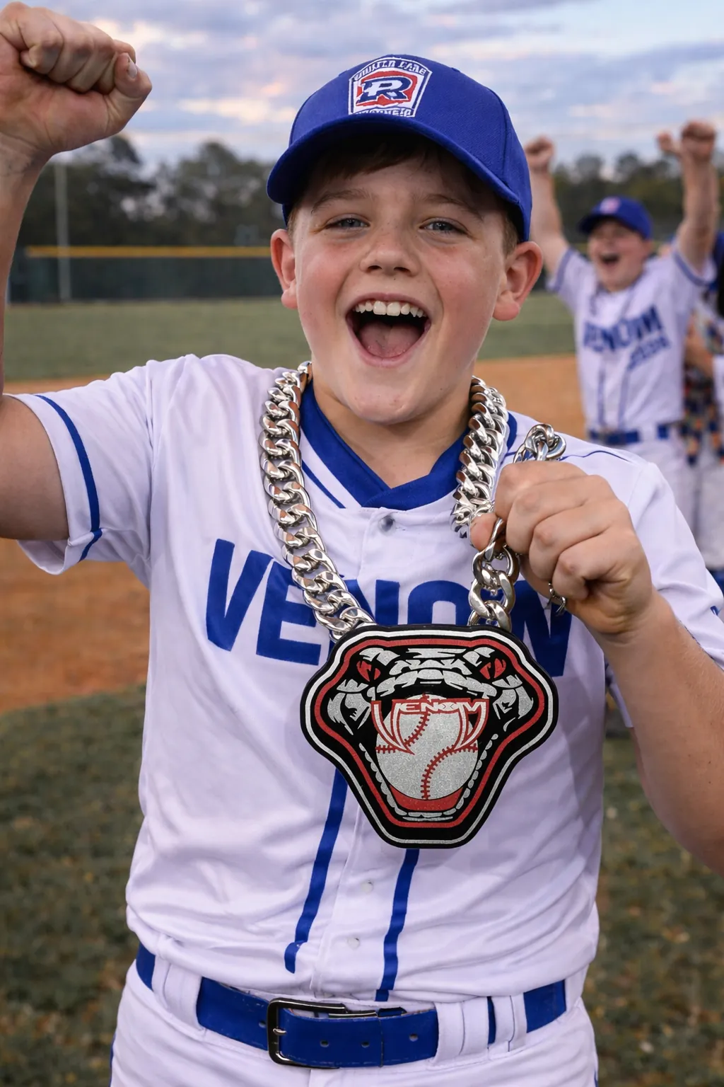 Softball player with a Venom bear pendant.