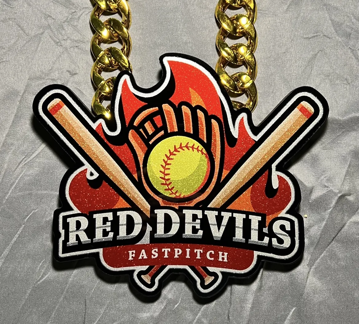 Red Devils fastpitch pendant with crossed bats.