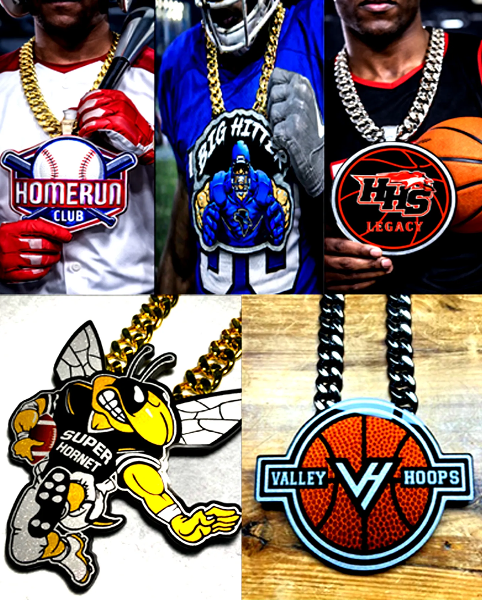 Collage of custom chain designs across sports.