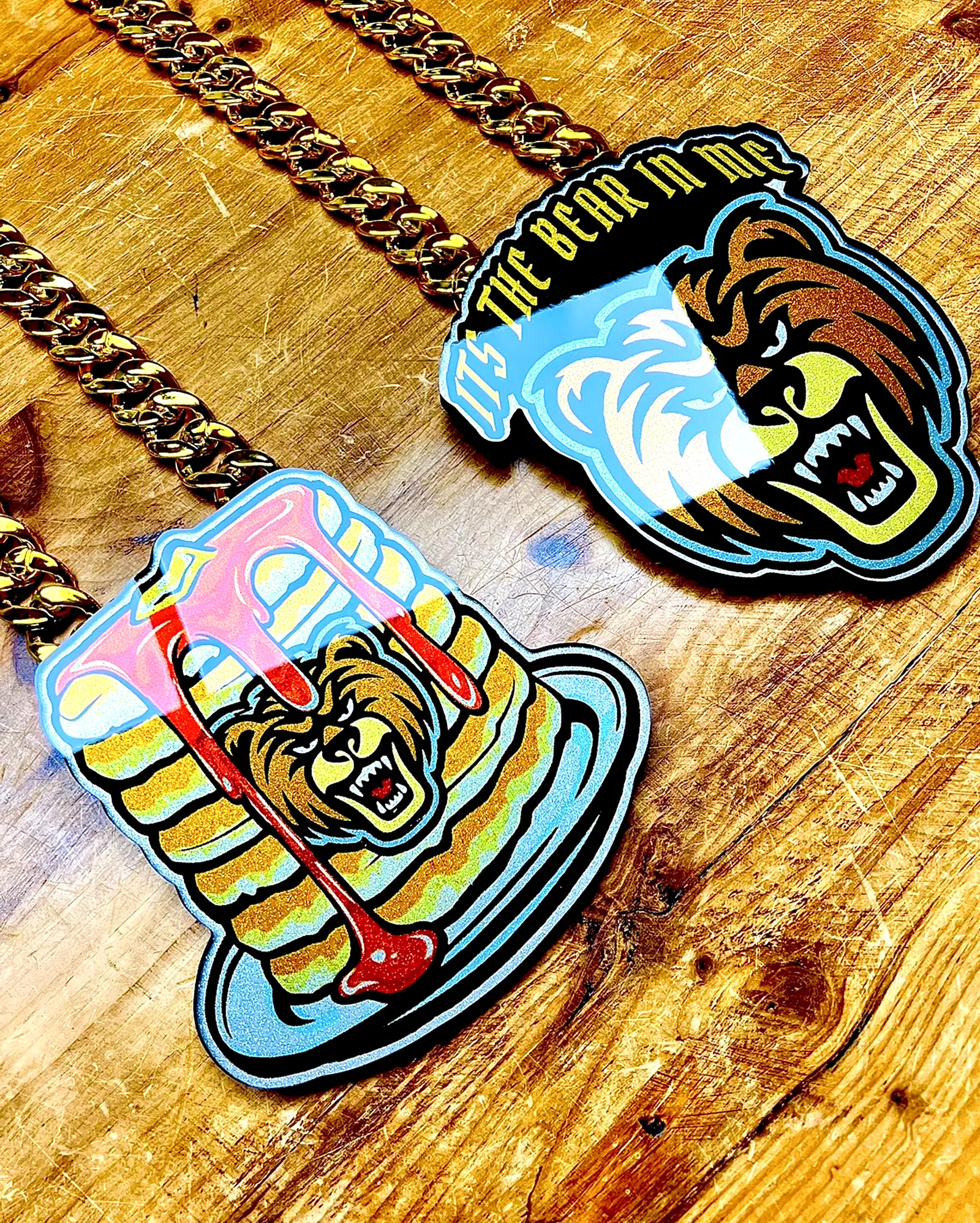 Collage showing multiple football bear pendant variations.